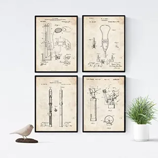 POSTER Set mit 4 Jahrgang medizinischen Geräten PATENT A4 Schwarzer Rahmen