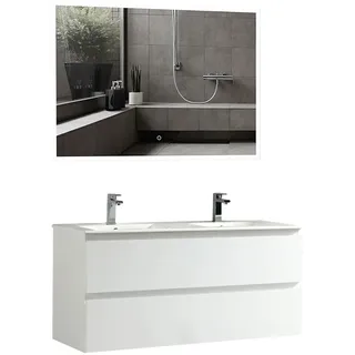 Alpenberger Waschbecken mit Unterschrank 120 cm Breit| Doppelwaschbecken Waschbeckenunterschrank mit Waschtisch | Badmöbel Badezimmer Spiegel mit Led