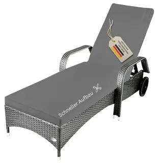 RS Trade Sonnenliege Gartenliege Toscana Wetterfest mit Rollen – Polyrattan Rattan Liege Outdoor mit Armlehne, Verstellbare Relaxliege für Garten, Terrasse, Balkon, grau mit Grauer Auflage & Kissen