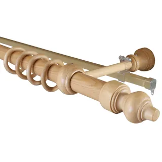 Holz Gardinenstange 28 mm mit U-Schiene Farbe Eiche hell, Gardinenstange 2-läufig Wandmontage 280 cm (mittig geteilt)