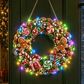 Diamond Painting Weihnachten mit LED,Diamant Painting Weihnachtskranz | Diamond Painting Erwachsene,25cm Weihnachtsgirlande Weihnachtsdeko mit Beleuchtung,DIY Türkranz Anhänger Geschenk