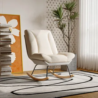 Lazyspace Schaukelstuhl, Ruhesessel mit Verstellbarer Extra Langer Rückenlehne, Schaukelliege Relaxstuhl, Stillsessel Schaukelstuhl Holz für Wohnzimmer Schlafzimmer, Beige 74 x 90 x 100 cm