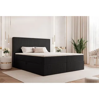 Goldstoff Boxspringbett Modernes Komfortbett "NORDIC DREAM" mit Stauraum & stilvollem Kopfteil (120–200x200 cm, Seitenhöhe: 54 cm), Komfortables Stauraumbett mit Bonellfederkern & Komforthöhe schwarz
