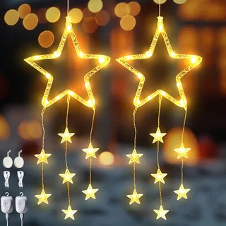 LED Sterne Weihnachtsdeko, 2 Stück Fensterdeko Weihnachten, Weihnachtsbeleuchtung Innen Außen mit Haken und Timer, 8 Modi Wiederaufladbar Warmweiß Lichterkette für Weihnachten Deko,Balkon,Par (A)
