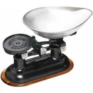 KitchenCraft Nostalgia Mechanische Küchenwaage mit Schale und Gewichten in Geschenkbox, Gusseisen mit Ständer aus Akazienholz