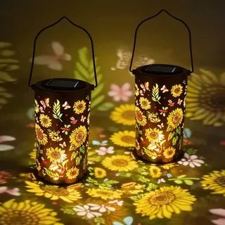 2 Stück Solarlaterne für Außen Hängend - Bunte Sonnenblumen Solarlampe - Metall Solarleuchte Gartendeko für Balkon, Hof, Terrasse, Geschenk für Frauen, Mama, IP65 Wasserdicht Sonnenblumenlicht