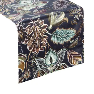 Eurofirany Tischdecke Tischläufer Samt Blumenmuster Blumen Blätter Blattmuster Tischdekoration Tischband Tischtuch Velvet Edel Elegant 1 STK, Marineblau, 33 x 140 cm CHO/Gracia/Gran 33X140 511