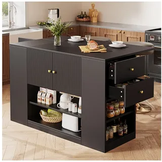 Flieks Kücheninsel mit erweiterbarer Arbeitsplatte, (klappbare Tischplatte, B140/H90/T40-70 cm), Küchenschrank mit Schubladen und Regalen Buffetschrank Sideboard schwarz
