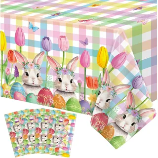 4er-Pack Ostertischdecken Regenbogen-Karomuster Hasen Tischdecke Frühlingsblumen Tischdecke Ostern Büffel-Tischdecke Kaninchen-Karomuster Tulpen-Tischdecken Partydekorationen 51 x 86 IN