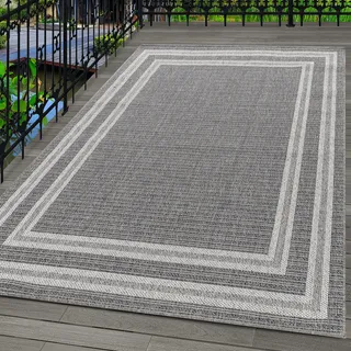 Carpetsale24 In- & Outdoor Teppich 140x200 cm, Wetterfest & Robust, Flachgewebe mit Modernem Bordüren-Design in Grau & Creme, Rechteckig für Terrasse, Balkon, Küche, Bad & Wohnzimmer