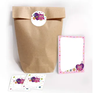 JuNa Party-Experten Mitgebsel Set aus 12 Geschentüten/Natur, 12 Aufkleber und 12 Mini-Blöcke Eule/Geschenktüten für Gastgeschenke Kinder Mädchen beim Kindergeburtstag Hochzeit Taufe Geburtstag