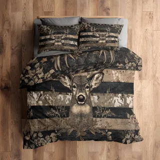 Generisch 135x200 Bettwäsche Hirsch Bettbezug - 2tlg, 1 Kissenbezug 80x80, Jagd Wilde Tiere Muster, Schlafzimmer Deko, Weiche Mikrofaser Wendebettwäsche mit Reißverschluss - ON349