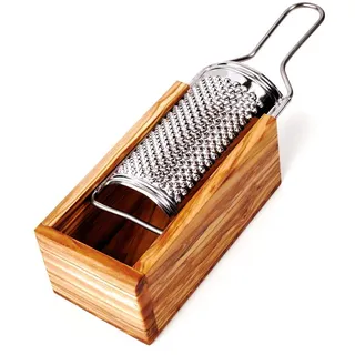 das Olivenholzbrett® Parmesanreibe Hartkäsereibe mit Behälter aus Olivenholz Holz (incl. Reibe 23cm)