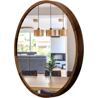 Wandspiegel mit Holzrahmen (∅80 cm) - Spiegel Rund Holz Dunkle Eiche - LEJA | Massivholz, Einfache Montage, EU-Produktion, 4 mm Spiegelglas, Sicherer Metallhaken, Pflegeleicht