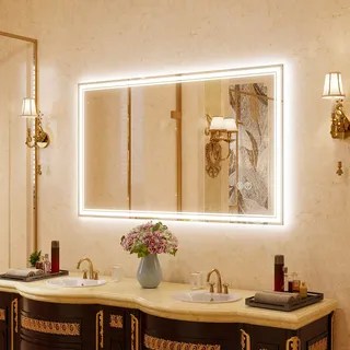 Lvifur Badspiegel mit Beleuchtung, 60 × 100 cm LED Bad Spiegel Badezimmer Touch-Schalter Dimmbar 3 Lichtfarbe Beschlagfrei Warmweiß Wandspiegel Für Schlafzimmer