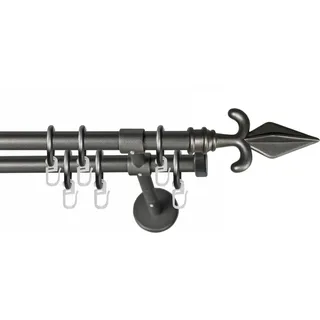 GARESA Gardinenstange RUSTIKA, Ø 16 mm, 2-läufig, Wunschmaßlänge, verschraubt, Metall, rustikale Vorhanggarnitur, verlängerbar, m. Ringe, Endknopf Pfeil grau Ø 16 mm x 350 cm