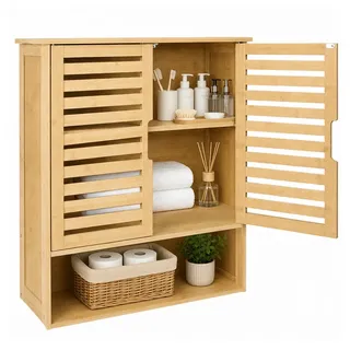 JEOBEST Hängeschrank Badschrank, Bambus Badezimmerschrank, Wandregal (1-St) Platzsparend, Wandschrank mit Doppeltüren beige