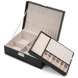 Clanmacy Schmuckkasten Schmuckkasten 2-schichtiger Schmuckschatulle, Damen Schmuckbox schwarz schwarz