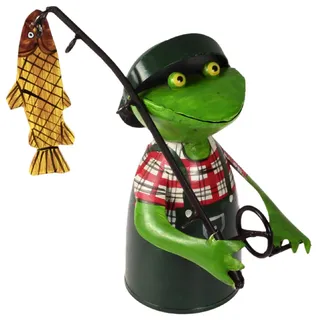 Zaunhocker Frosch Angler rot mit Fisch 21 cm Figur aus Blech Metall Petri Jünger Fischer Angel Garten Deko Garten Balkon Dekofigur Pfostenhocker Froschkönig