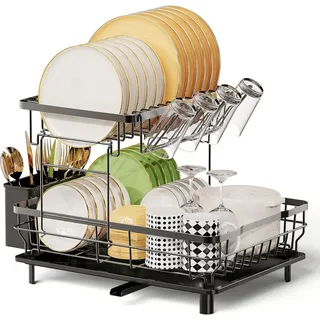 Refined Living Geschirrständer 2-stufiges Geschirrabtropfgestell,Multifunktionales Abtropfgestell-Set, Zubehör für Geschirrabtropfer mit Abtropfwanne, Geschirr-Abtropfgestell, Abtropfgestell Küche, Geschirrständer für die Küchenarbeitsplatte mit 360° Abfluss abnehmbarem, platzsparend & langlebig, rostfrei, für den Spülbereich der Familie, Küchentheke mit Tassenhalter schwarz