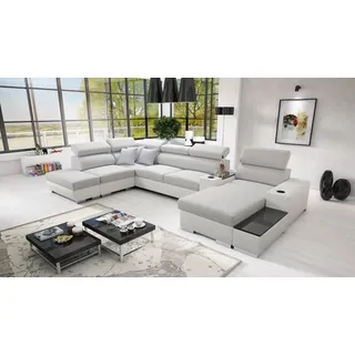 IM SOFA PERS V XXL Ecksofa U-Form mit Bettfunktion Wohnlandschaft Couch Wohnzimmer freistehend verstellbare Kopfstützen 3 Dekokissen modernes (Hellgrau Luxo + Weißes Kunstleder, Rechts)