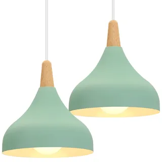 iDEGU 2 Stücke 20cm Hängelampe Retro E27 Hängeleuchte Moderne Tropfenförmig Hut Deckenleuchte aus Metall Holz Pendelleuchte für Schlafzimmer Esszimmer Küche (Grün)