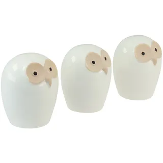 Eulen Deko Figuren Keramik Set 3 Stück - Kauzige Tischdeko Weiß Waldtier