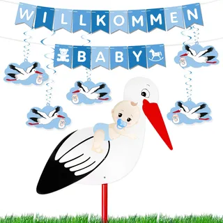 BRUBAKER Baby Deko Set - Willkommen Baby Girlande + Großer Storch aus Holz für Jungen - Wimpelkette mit Anhängern und Klapperstorch - Willkommensdeko für Babyparty Babyzimmer Dekoration - Blau