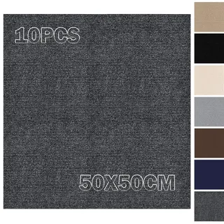 Teppichfliesen 50x50cm Selbstliegend - 10 Stück Set - 2.5m2 - Teppichfliesen Selbstklebend, Teppichboden mit Rückseite, Teppich Fliesen zum Zuschneiden für Wohnung, Haus, Schlafzimmer, Dunkelgrau