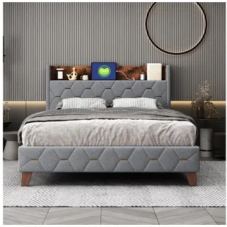 IDEASY Polsterbett Doppelbett, Queen-Size-Bett, 140 x 200 cm, (Stauraum am Kopfteil, mit USB-Anschluss, hautfreundlicher Samt), grau/beige, keine Boxspringbetten erforderlich grau
