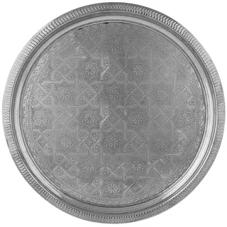 Marrakesch Orient & Mediterran Interior Tablett Nacera mit runder Form, aus Metall gefertigt, in Silber 38 cm | Nacera bietet 38 cm Silberglanz für Frühstück und Kerzendeko. Das Metalltablett vereint Handarbeit mit einem 2 cm hohen Rand.