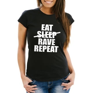 MoonWorks Print-Shirt Damen T-Shirt - Party, Festival, Feiern Spruch Shirt Techno - Eat Sleep Rave Repeat Heavy - Comfort Fit MoonWorks® mit Print schwarz XXL