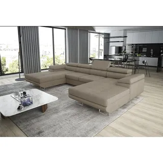 thematys Ecksofa ALVARO U 355 x 162cm mit Schlaffunktion & Bettkasten –, U-Sofa mit 4 verstellbaren Kopfstützen, Samt (Monolotith), oder Cord (Poso) - U-Form, XL-Wohnlandschaft, 355 cm breit beige