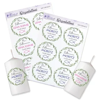 Kerzentattoos Konfirmation, Firmung, personalisierte Aufkleber für Kerzen, Tischkerze Fisch Kommunion Deko rosa oder blau, Kerze für Erstkommunion gestalten, Feenstaub