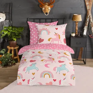 Traumschlaf Flanell Bettwäsche Einhorn pink 155x220 cm + 80x80 cm - pink;blau;weiß