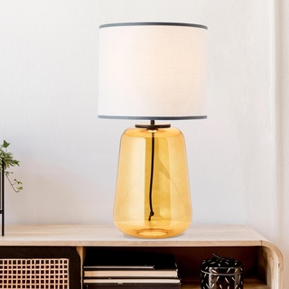 Lightbox gelbe Tischlampe mit Stoff-Schirm - dekorative Tischleuchte mit Schnurzwischenschalter - 57 cm Höhe & 30 cm Durchmesser - E27 Fassung max. 60 W - aus Glas/Textil in Grau/Gelb