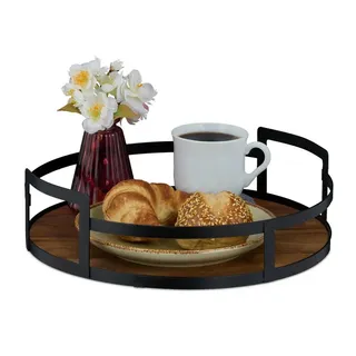 Relaxdays Rundes Tablett Holz und Metall Braun,Schwarz