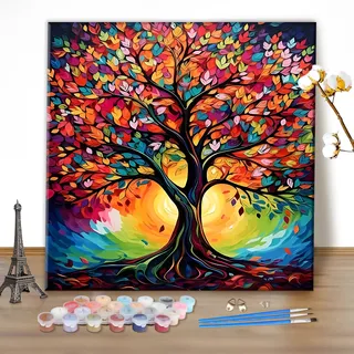 MEIYUDA Malen Nach Zahlen Erwachsene Lebensbaum, DIY Digitales Ölgemälde-Set auf Leinwand mit Pinseln und Acrylpigment Bastelset, Artwork für Heimdekoration Geschenk 40x40cm(Ohne Rahmen)