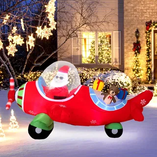 GOPLUS 2,2m aufblasbarer Weihnachtsmann im Flugzeug, Santa Claus im Flugzeug LED Lichtern & Gebläse, Inflatable Weihnachtsdeko XXL aufblasbar mit Geschenkbox & Weihnachtsbär für drinnen & draußen