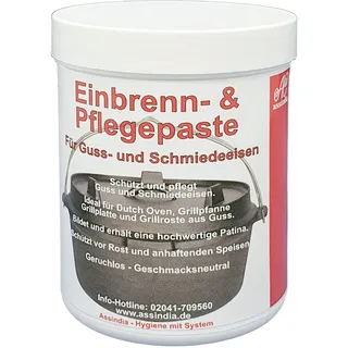 Assindia Einbrenn- und Pflegepaste für Dutch Oven, Guss- und Schmiedeeisen 250ml I Einbrennpaste auch für Grillrost, Grillplatte, Grillpfanne