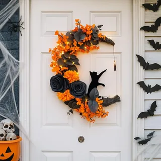 Halloween Türkranz, Halloween Deko Schwarzen Katze Herbstkranz Mit 3D-Lichteffekten, 35,6 X 30,5 cm H-alloween Türdeko Langlebig, Herbstkranz Haustür Für Türen, Wänden, Hallow-EEN Party (B)