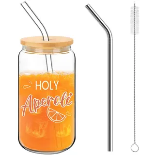 Nymora Aperol Gläser Set mit Deckel und Strohhalm, Aperol Spritz Geschenkset, Aperol Glas für Cocktails, Aperol Geschenk
