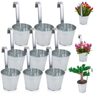 astor24 Pflanzkübel Hängetöpfe Zink (Blumentopf Garten Balkon Blumen Topf Kräutertopf Geländertopf, 9 Hängetöpfe), hochwertig verarbeitet silberfarben