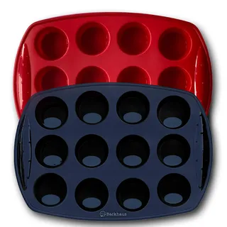 Backhaus Mini-Muffinform Silikon 12 Mulden, 2 Stück, ergonomische Griffe, LFGB-zertifiziert, antihaftend, ofen- und spülmaschinengeeignet – Rot & Schwarz