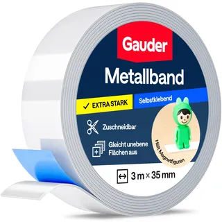 Gauder Metallband selbstklebend für Magnete (3 m x 35 mm) | Metallstreifen für Magnete & Magnetleiste - ideal für Tonie-Figuren und Regale - Ferroband/Stahlband mit Schaumstoff-Kleber