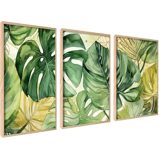 3er Set Poster 21x30cm Ohne Rahmen Wanddeko Wohnzimmer Ideal als Geschenk | Natur mit Palmblättern Monstera Blätter Wanddeko Set Stilvolle Pflanzen Bilder Grün Tropisch Wohnzimmer, Modernes Design