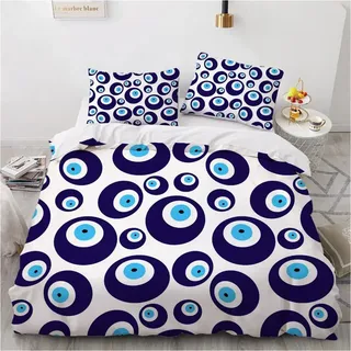 Rodths Bettwäsche 200x220 Blaues böses Auge Bettbezug 200 x 220 3er Set, Weiche Microfaser Sommerbettwäsche mit ReißVerschluss, 2 Kissenbezug 80x80 cm, Bügelfreie Wendebettwäsche