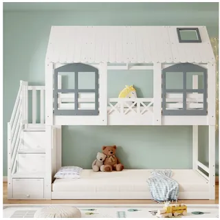 Merax Etagenbett (3 Schließfächer in der Treppe, 1-St., Kieferholzbett Jugendbett Hausdbett mit Fallschutzgitter), Kinderbett 90x200cm mit Aufbewahrungstreppe, Hochbett mit Fenster&Dach