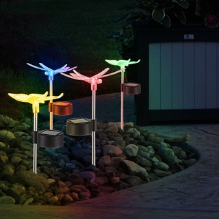 5x LED Solar Leuchten Lotos Blume Erdspieß Schmetterling Außen Garten Farbwechsel Steck Libellen Lampe
