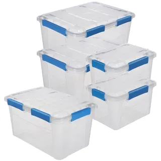 Kreher® Aufbewahrungsbox IP67 wasserdicht & staubdicht - stapelbare Kunststoffbox mit Deckel, UV-beständig, transparent für Haushalt, Garage, Werkstatt & Camping. (Set 2: 2 x 75L + 1 x 50L + 2 x 18L)